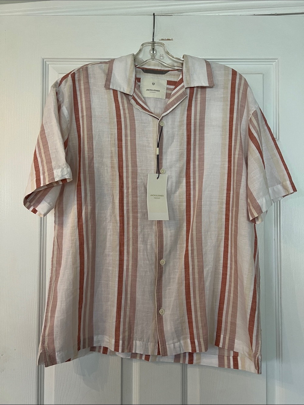 Jack & Jones Short Sleeve Linen-Blend Stripe Shirt - White & Rust